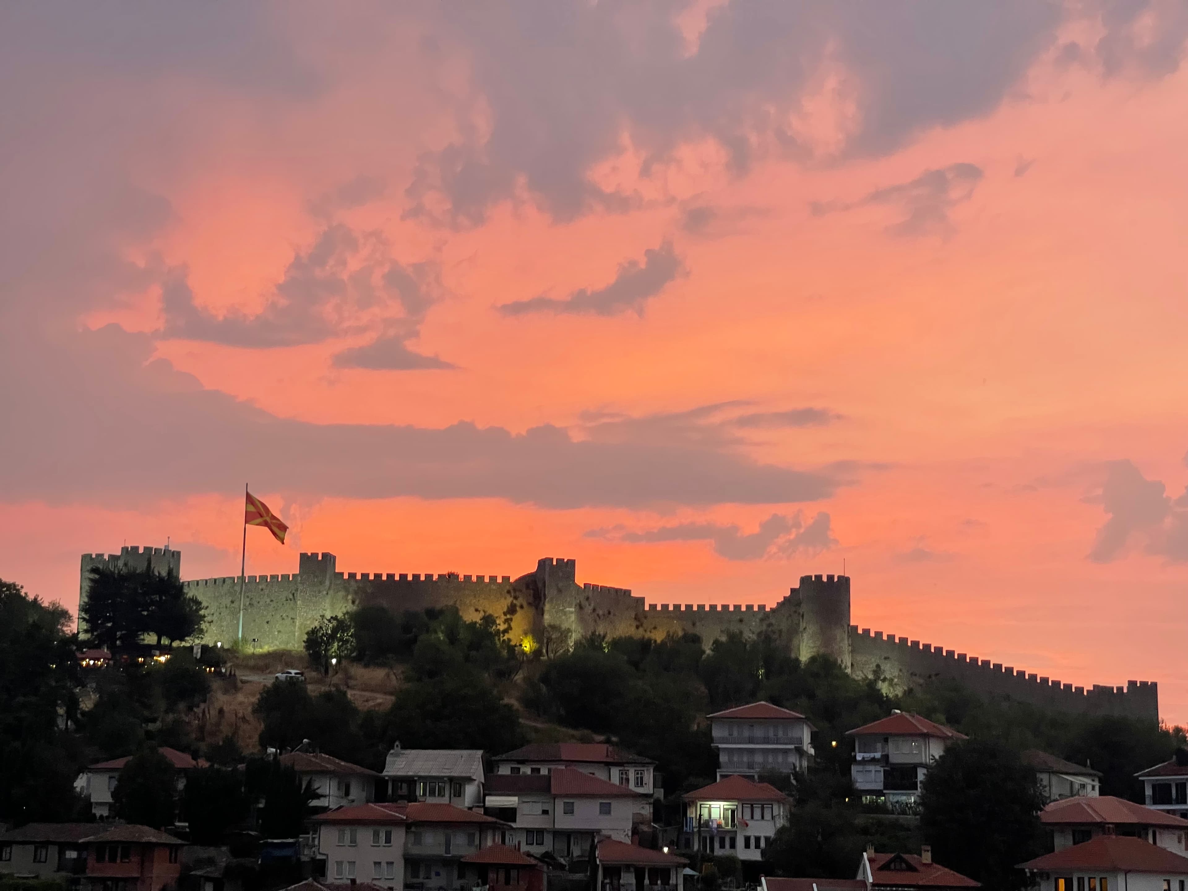 Ohrid old town and Samuel’s Fortress under a coral sunset