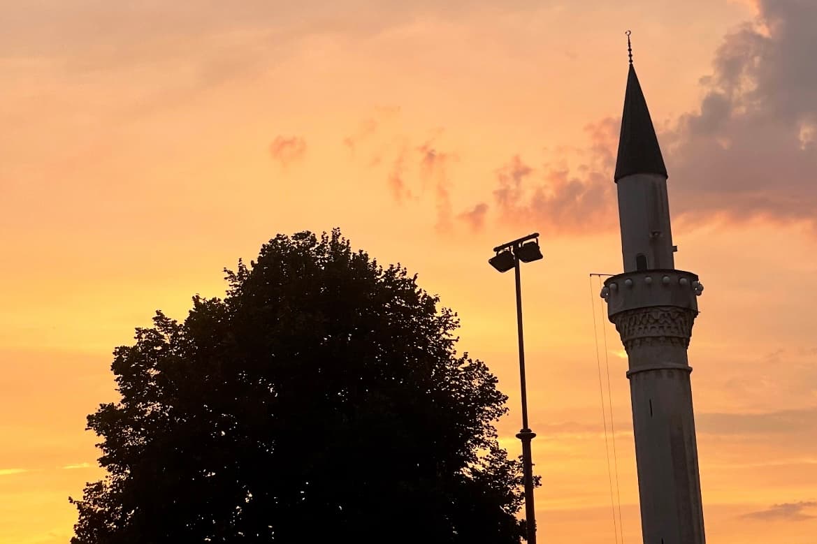 Ohrid minaret silhouetted against the sunset